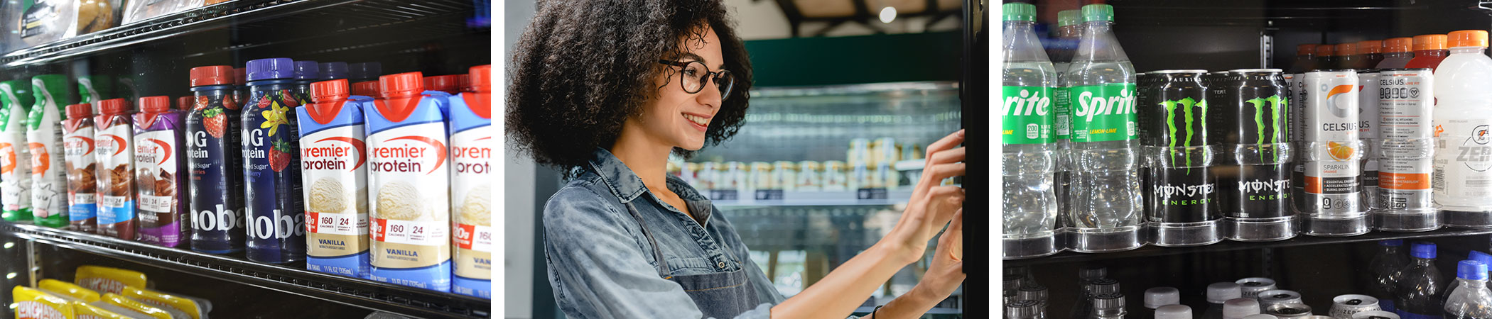 beverage vending options including sodas, monsters and protein shakes